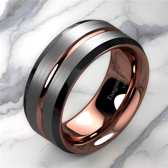 Men's Wedding Band Rings | Silver Brushed Rose Gold Men's Wedding Rings - Picture 8 of 8